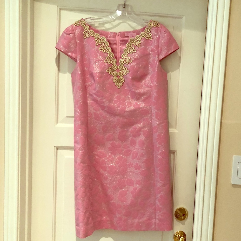 Lilly Pulitzer pink and gold cocktail dress